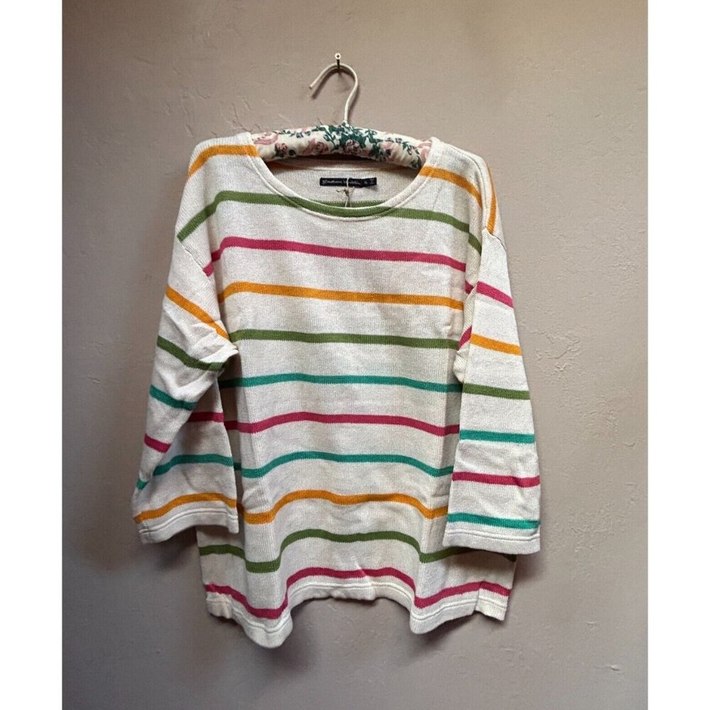 Gudrun Sjoden Women 3/4 Sleeve Farmer Striped Pullover Knitted Sweater XL New